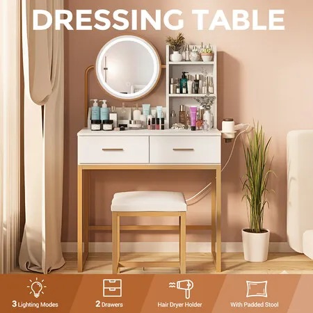 Dressing Table Stool Set Vanity Dresser White Makeup Desk Modern Bedroom Furniture LED Lighted Mirror 3 Lighting Colours 2 Drawers 3 Storage Shelves