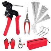 Stainless Steel Cable Tie Gun Set with 150pcs Heavy Duty Cable Ties Tool For Fastening And Cutting Metal Zip Ties for Chain Link Fence Parts(Red)