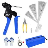 Stainless Steel Cable Tie Gun Set with 150pcs Heavy Duty Cable Ties Tool For Fastening And Cutting Metal Zip Ties for Chain Link Fence Parts(Blue)
