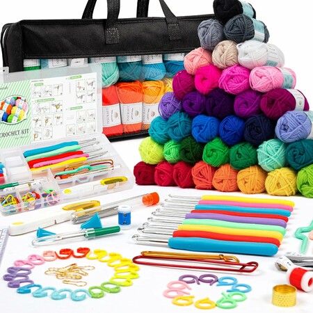 113 Pcs Crochet Kit with Yarn Set 1600 Yards Assorted Yarn for Knitting and Crochet,73PCS Crochet Accessories Set Including Hooks,Knitting Needles