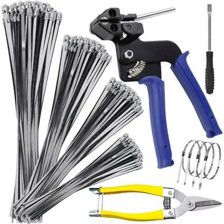 Stainless Steel Cable Tie Gun Set with 150PCS Metal Zip Ties Adjustable Fastening Cutting Tie Tool Sets for Fencing,Exhaust Pipes Automotive