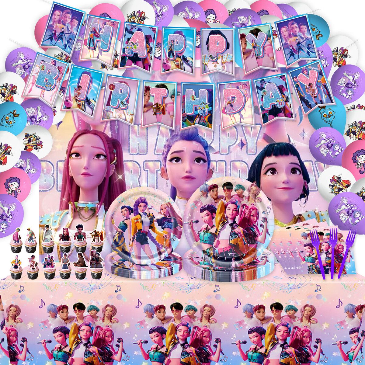 Kpop Party Supplies Set, K Pop Birthday Decorations Demon Tableware Kit for Boys Girls Kpop Theme Serves 10 Guests