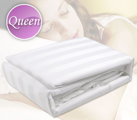 Renee Taylor Luxury Queen Bed Size Fitted & Flat Sheet / Pillowcase Set - White Stripes 600TC 100% Egyptian Cotton