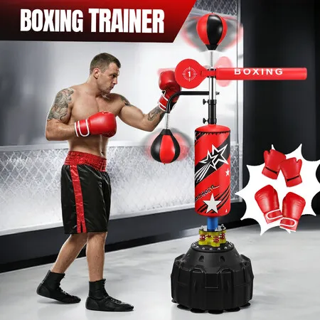 4in1 Boxing Station Freestanding Bag Punching Gloves Reflex Speed Balls Kicking Training Equipment Adjustable Rotating Bar Punchbag Home Gym MMA UFC