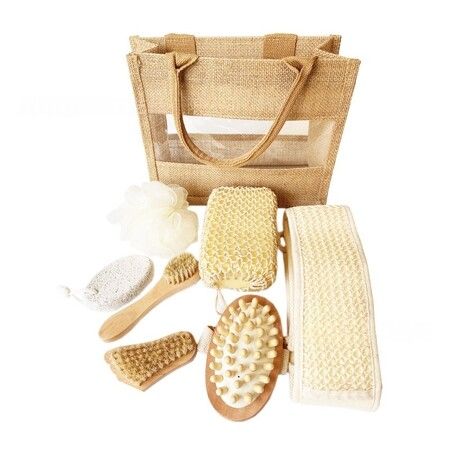 Spa Bath Set 7 Piece Shower Ball Scrub Gloves Body Brush Foot File Natural Bag House Warming Holiday Gift Present