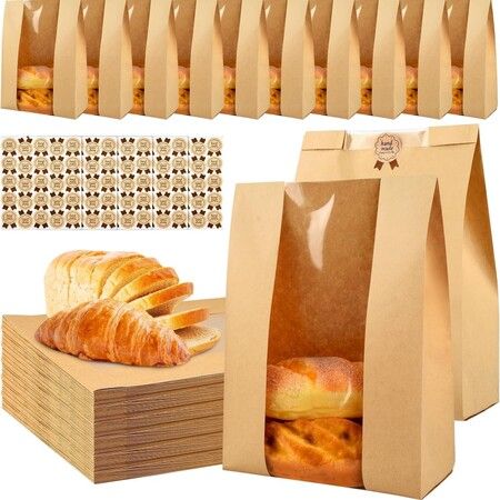 Bread Bags for Homemade Bread,Sourdough Paper With Window,Large Bakery Bags Used for Storage Cookies Snacks,With 50 Cute Sealing Stickers