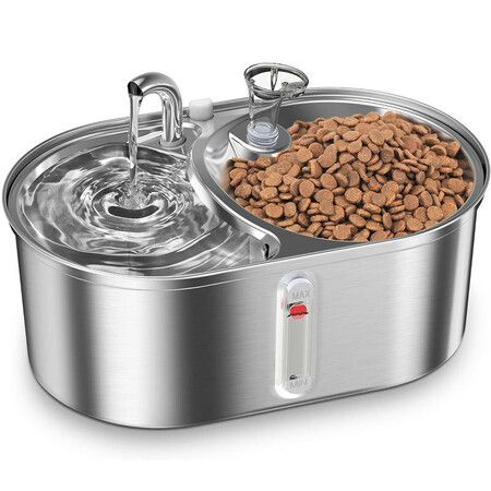 2-in-1 Dual Bowl Cat Water Fountain, 3L/101oz Stainless Steel Pet Drinking Fountain, Ultra-Silent Automatic Cat Dog Water Food Dispenser