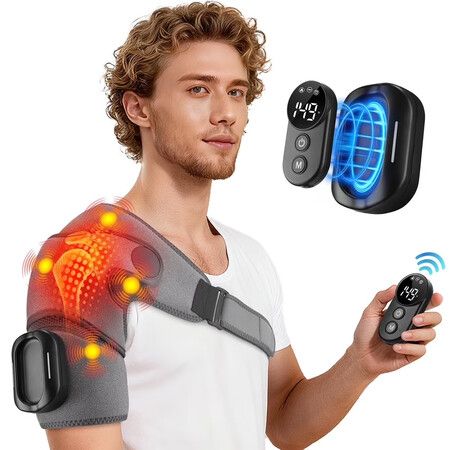 Cordless Heated Shoulder Massager,Shoulder Heating Pad Massage Brace with 5 Heating Vibration,3 Timing,2 Extend Straps,Detachable Remote Control,Gray
