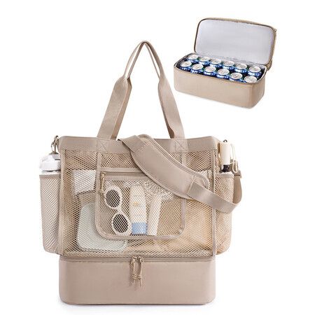 Beach Bag for Women,Mesh Tote Bags with Zipper, Sandproof Vacation Essentials with Cooler for Swim Cruise Pool(Camel)