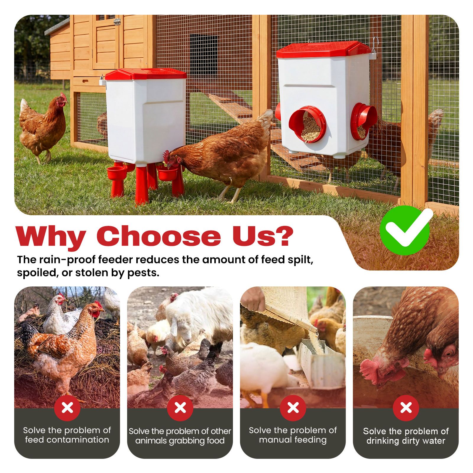 Auto Chicken Bird Feeder Waterer Set 8KG Food 7L Water Dispenser Automatic Feeding Poultry Duck Chook Coop Fence Drinker Cup Gravity Drinking System