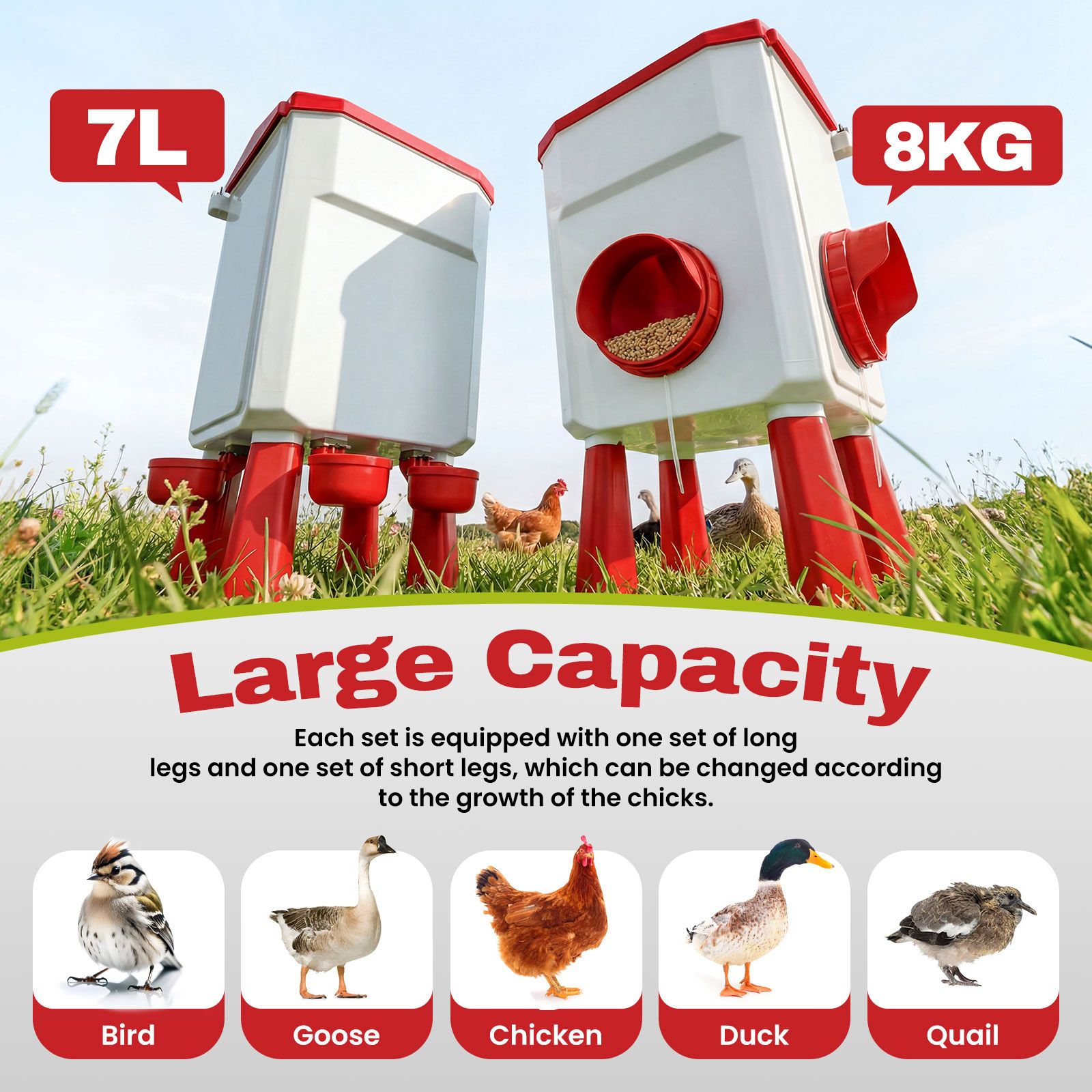 Auto Chicken Bird Feeder Waterer Set 8KG Food 7L Water Dispenser Automatic Feeding Poultry Duck Chook Coop Fence Drinker Cup Gravity Drinking System