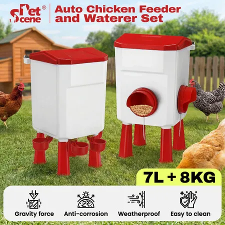 Auto Chicken Bird Feeder Waterer Set 8KG Food 7L Water Dispenser Automatic Feeding Poultry Duck Chook Coop Fence Drinker Cup Gravity Drinking System