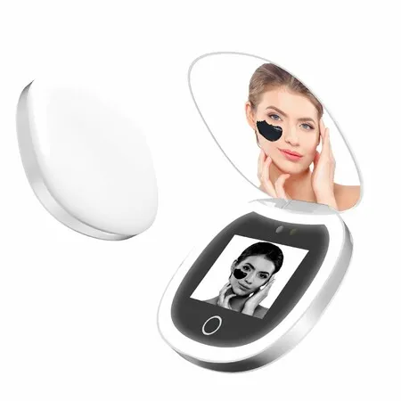 Rechargeable LED Makeup Mirror with Digital Display,Adjustable Brightness and 3 Color Light,Skin Care Testing Functions,Sunscreen Application Guide