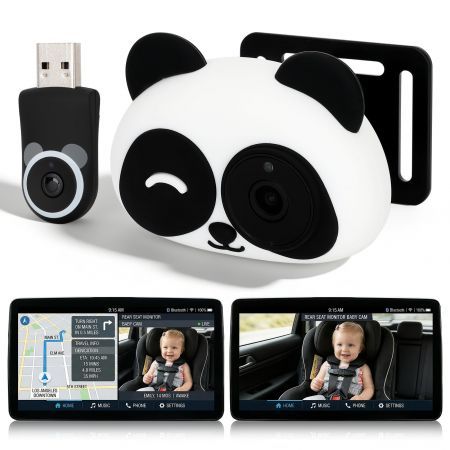 Wireless CarPlay & Android Auto Adapter with Rear Seat Baby Pet Monitor Camera, Display on Original Car Screen, 1080P Night Vision, Split Screen Navigation