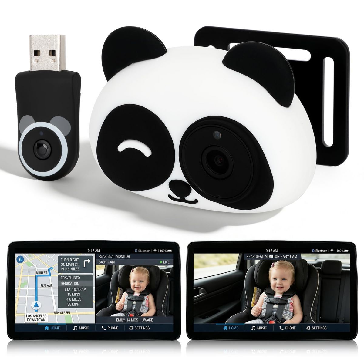 Wireless CarPlay & Android Auto Adapter with Rear Seat Baby Pet Monitor Camera, Display on Original Car Screen, 1080P Night Vision, Split Screen Navigation