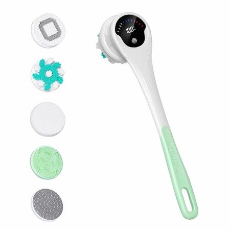 Electric Body Brush,5 in 1 Cordless Rechargeable Bath Brush,LCD Display Detachable Rotating Body Brushes,Back Brushes for Clean Exfoliate Massage (Green)