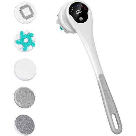 Electric Body Brush,5 in 1 Cordless Rechargeable Bath Brush,LCD Display Detachable Rotating Body Brushes,Back Brushes for Clean Exfoliate Massage (Grey)