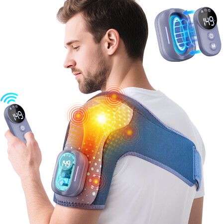 Cordless Shoulder Heating Pad with Massage, Detachable Heated Shoulder Brace Massager Wrap with Remote Control, 4 Motors Massager for Shoulder,Blue