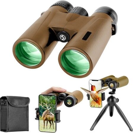 Binoculars for Long Distance Zoom 12x42 with Phone Adapter Tripod,Ultra HD Binoculars for Bird Watching,Wildlife,Safari Range 2000 Meter,Brown