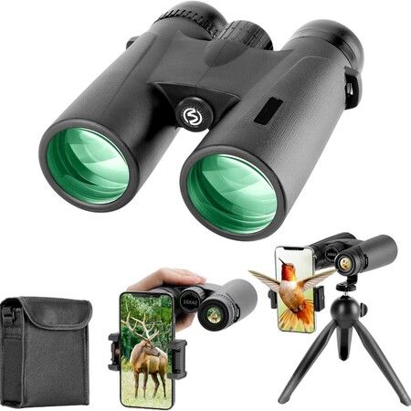 Binoculars for Long Distance Zoom 12x42 with Phone Adapter Tripod,Ultra HD Binoculars for Bird Watching,Wildlife,Safari Range 2000 Meter,Black