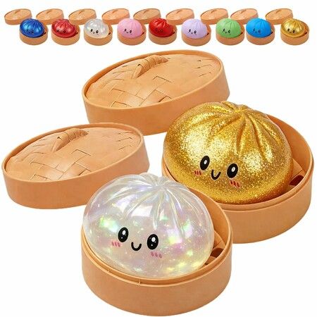 Glitter Dumpling,Glitter Dumpling Squishy with Box,Dumplings Sensory Squeeze Toy for Stress Relief (White+Gold)