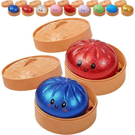 Glitter Dumpling,Glitter Dumpling Squishy with Box,Dumplings Sensory Squeeze Toy for Stress Relief (Blue + Red)
