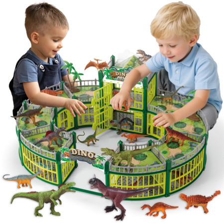 215PCS Dinos House Play Set,Theme Park with 36 Realistic Dinos and Large Battle Cage Building Puzzle, Educational Construction Set