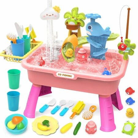 Play Sink with Running Water 4-in-1 Kids Kitchen Sink Toy with Electric Faucet Water Table with Detachable Legs,Fishing Game Pretend Play Dishwasher,Pink
