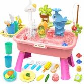 Play Sink with Running Water 4-in-1 Kids Kitchen Sink Toy with Electric Faucet Water Table with Detachable Legs,Fishing Game Pretend Play Dishwasher,Pink