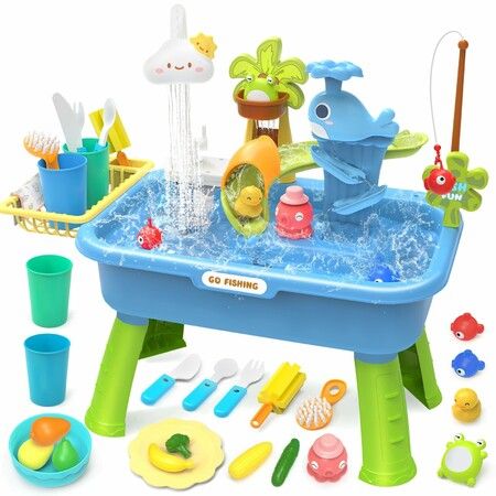 Play Sink with Running Water 4-in-1 Kids Kitchen Sink Toy with Electric Faucet Water Table with Detachable Legs,Fishing Game Pretend Play Dishwasher,Blue