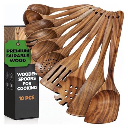 Wooden Spoons for Cooking, 10 Pcs Teak Wood Utensil Set, Durable, Nonstick Safe and Heat Resistant with Ergonomic Handles