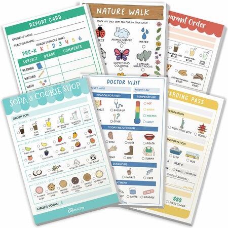 6 Pack Pretend Play Notepads  Restaurant Doctor Boarding Pass Report Card Nature Walk Soda Shop Imaginative Role Play Christmas Birthday Gift Learning