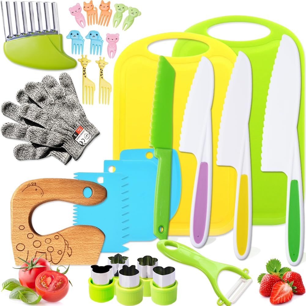 Kid Kitchen Knife Set Real Cooking Knives Sets Kitchen Tools with Gloves Cutting Board Fruit Vegetable Crinkle Cutters