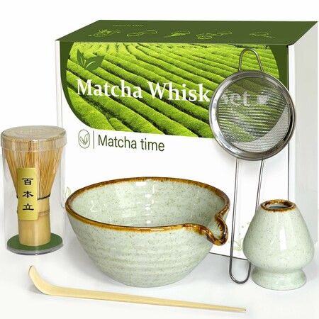 Matcha Whisk Set with Matcha Bowl,Matcha Whisk Holder Matcha Bamboo Whisks,Scoop,Sifter