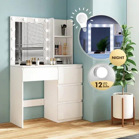 Maxkon Dressing Table Lighting Vanity Mirror Dresser Bedroom Furniture Hollywood Style Make Up Desk With 12 LED Light 4 Drawers Storage Shelves Modern