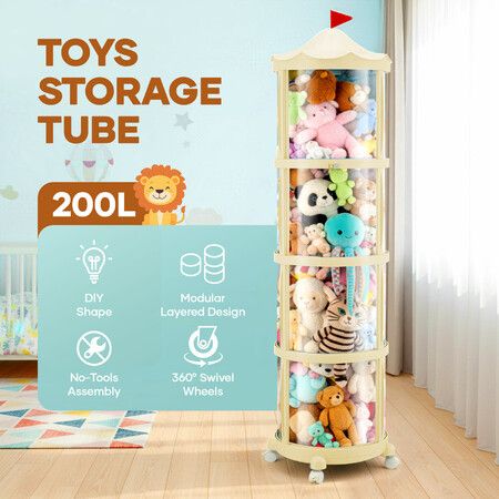 Kids Toys Storage Tube 4 Tier Organiser Box with Wheels Stuffed Animal Zoo Plush Soft Doll Stuffies Display Cabinet Living Playroom Container 178x38cm