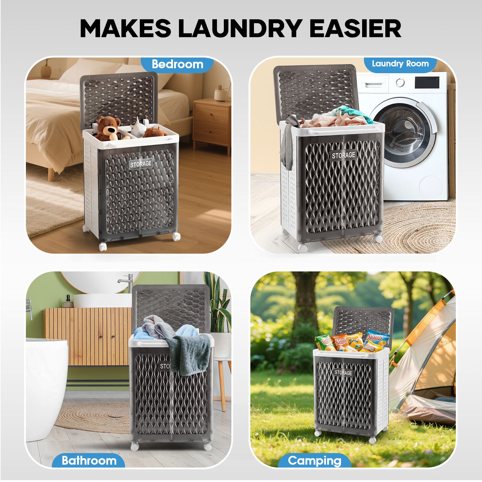 Laundry Basket Hamper Washing Dirty Clothes Organiser Folding Storage Bin 100L 2 Section Sorter Lid Wheels Rolling Collapsible Plastic Holder Bathroom