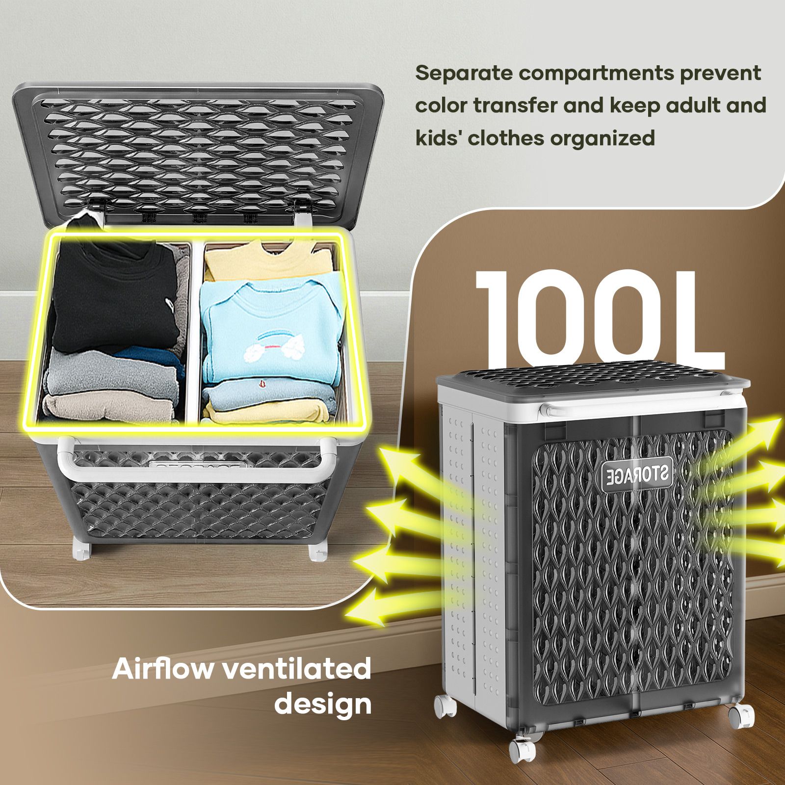 Laundry Basket Hamper Washing Dirty Clothes Organiser Folding Storage Bin 100L 2 Section Sorter Lid Wheels Rolling Collapsible Plastic Holder Bathroom