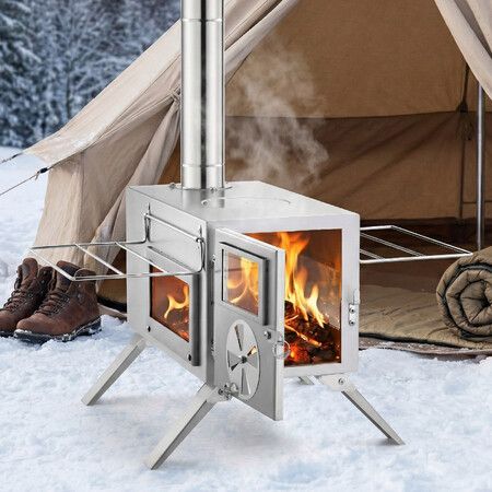 Wood Burning Stove with 7 Chimney Pipes Camping BBQ Hot Tent Heater Portable Outdoor Heating Cooking Fire Log Burner Stainless Steel Winter Warm Gear