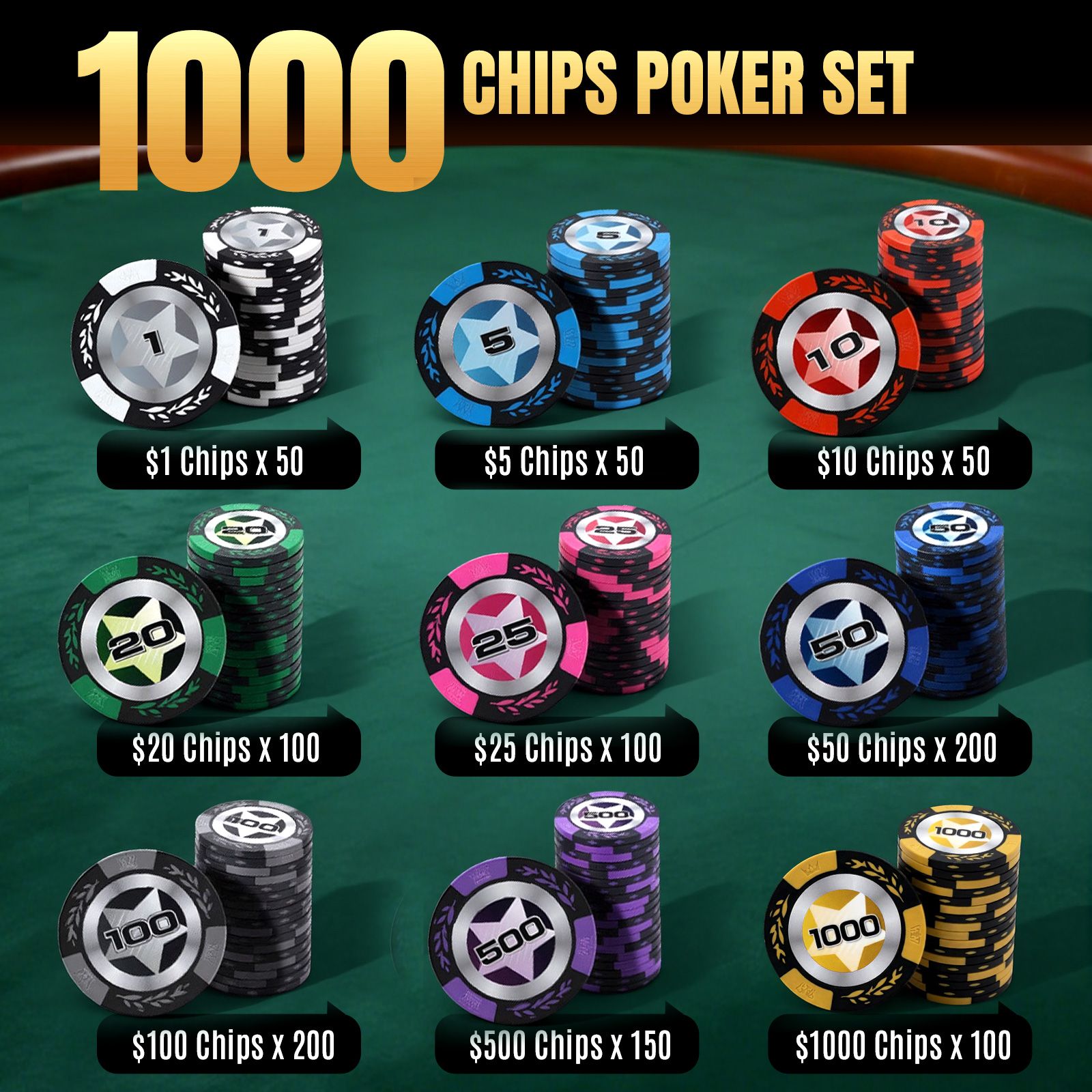 1000PC Casino Poker Chips Game Play Set Professional Texas Holdem Blackjack Deck Card Dice Big Small Blinds Gambling Party Club Locking Aluminium Case
