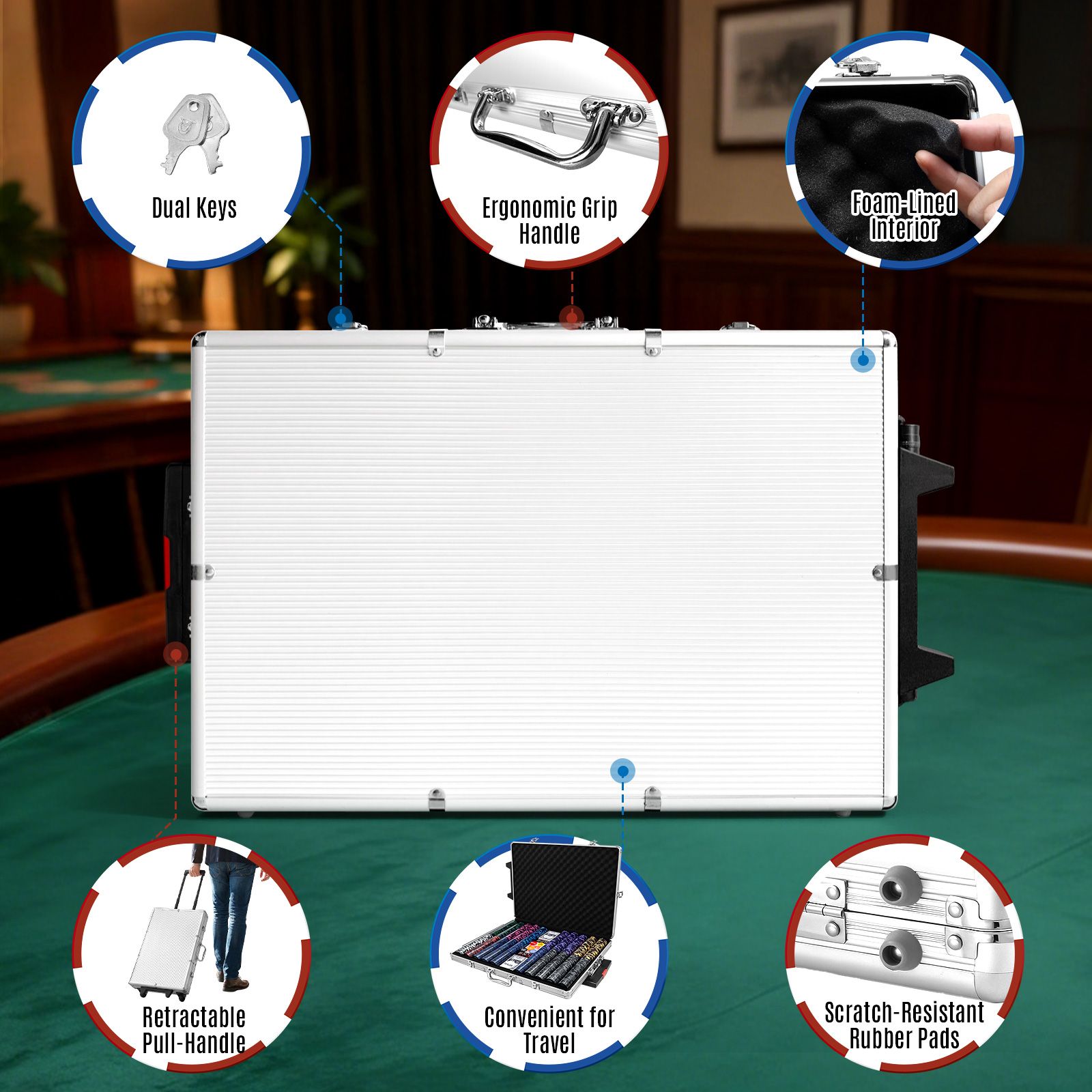 1000PC Casino Poker Chips Game Play Set Professional Texas Holdem Blackjack Deck Card Dice Big Small Blinds Gambling Party Club Locking Aluminium Case