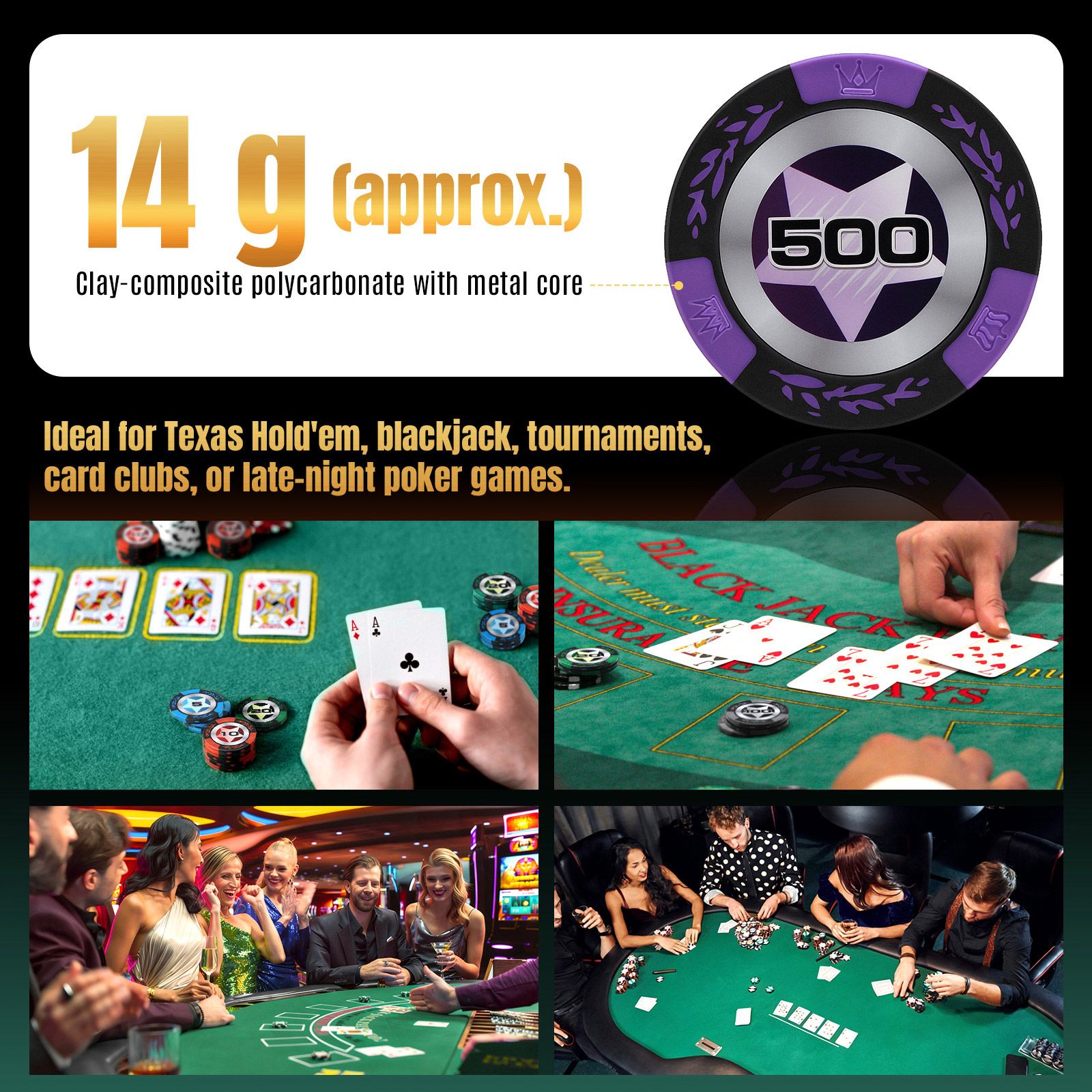 1000PC Casino Poker Chips Game Play Set Professional Texas Holdem Blackjack Deck Card Dice Big Small Blinds Gambling Party Club Locking Aluminium Case