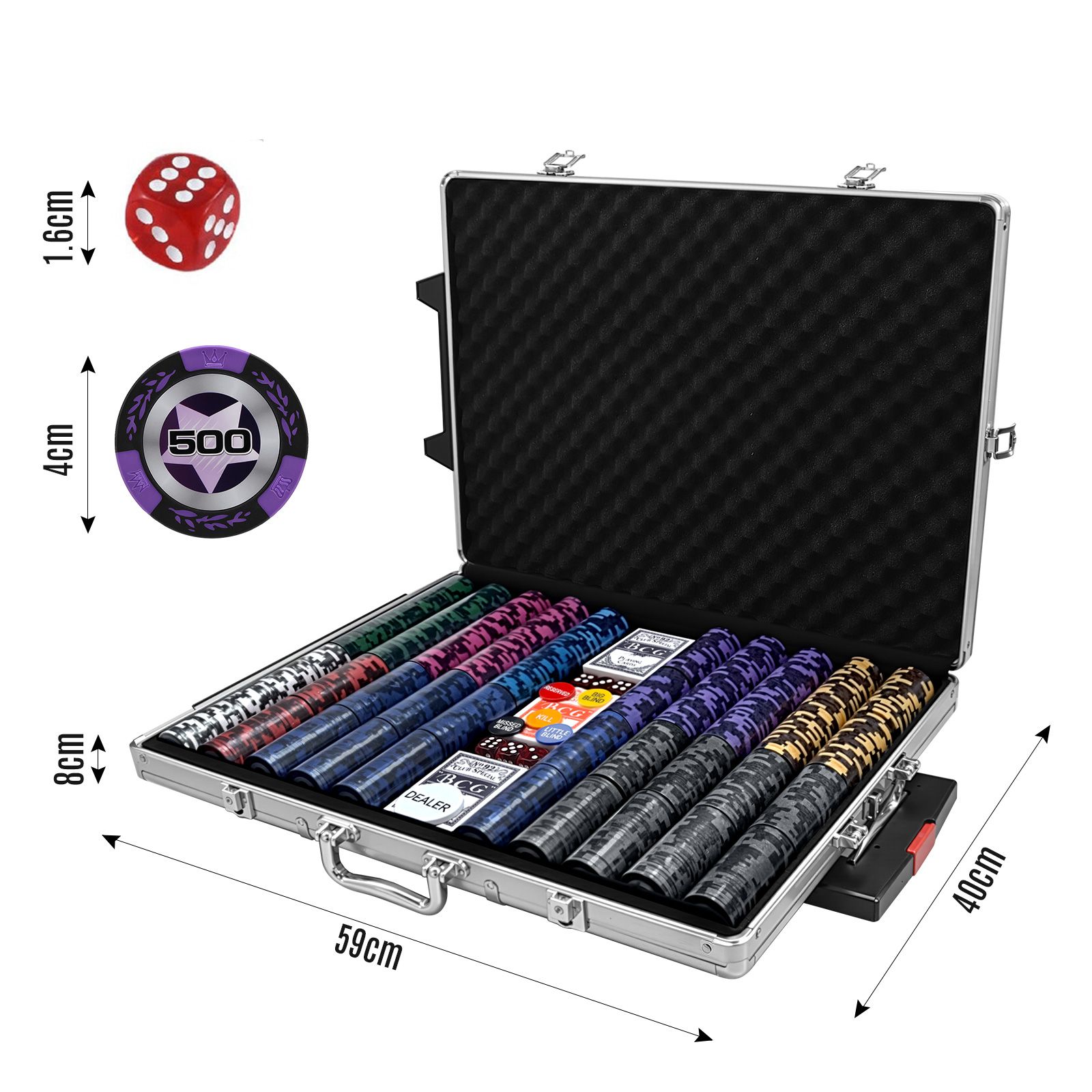 1000PC Casino Poker Chips Game Play Set Professional Texas Holdem Blackjack Deck Card Dice Big Small Blinds Gambling Party Club Locking Aluminium Case