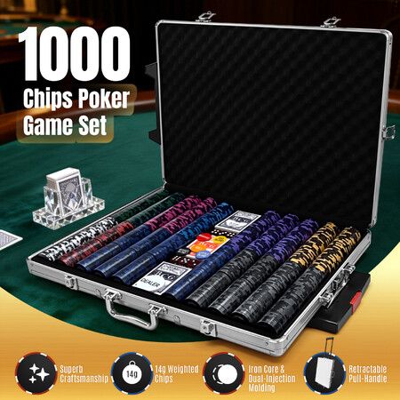 1000PC Casino Poker Chips Game Play Set Professional Texas Holdem Blackjack Deck Card Dice Big Small Blinds Gambling Party Club Locking Aluminium Case