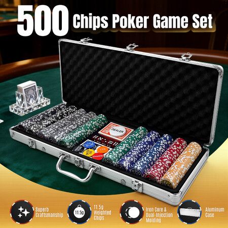 500Pcs Poker Chips Play Set Texas Holdem Blackjack Aluminium Case Decks Cards Dice Small Big Blinds Button Professional Party Gambling Casino Games