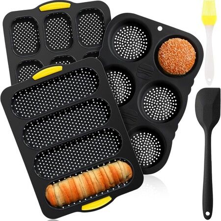 5PCS Silicone Hamburger Bun Mold Bread Hamburger Bun Pan with Spatula Brush Nonstick Pans for Baking Homemade Bread Loaf Sandwich Baking Tray