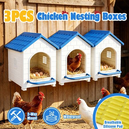 Chicken Nesting Box 3 Piece Chook Hen Duck Poultry Laying Boxes Inside Outside Hutch House Coop Egg Nest Lay Brooder Plastic with Silicone Pads