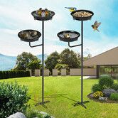 Outdoor Bird Bath Feeder 27cm Dia Bowls Spa Food Water Dispenser Metal Stake Stand Drinking Feeding Station Outside Patio Garden Yard Lawn Decoration