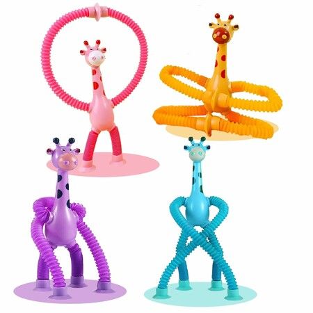 Pop Tubes Giraffe Suction Toys,4 Pcs Stretchy Animal Easter Basket Stuffers Educational Fidget Sensory Toys Autism Travel Essential Toy for Boys Girls
