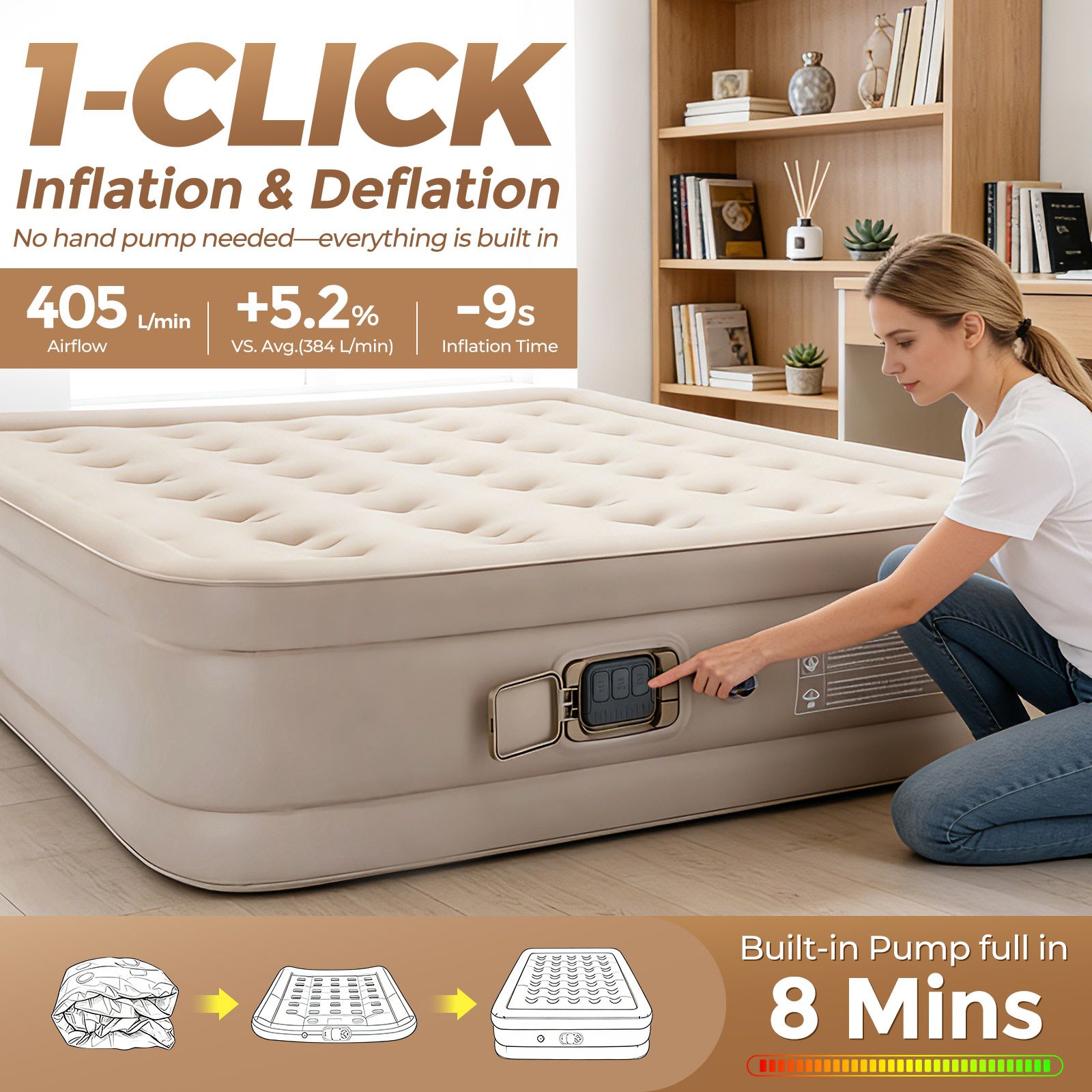 Queen Air Bed Mattress Inflatable Blow Up Camping Sleeping Mat with Built-in Electric Pump 200x150x40cm 295kg Comfortable Portable for Home Guest Room